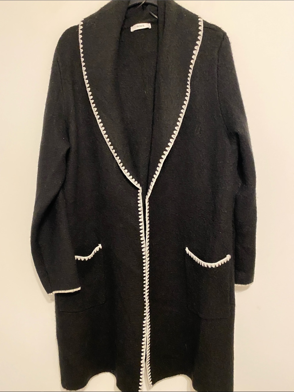 Ricki's Black Knit Coatigan with White Label Accent.  Wool blend.  Soft & Warm